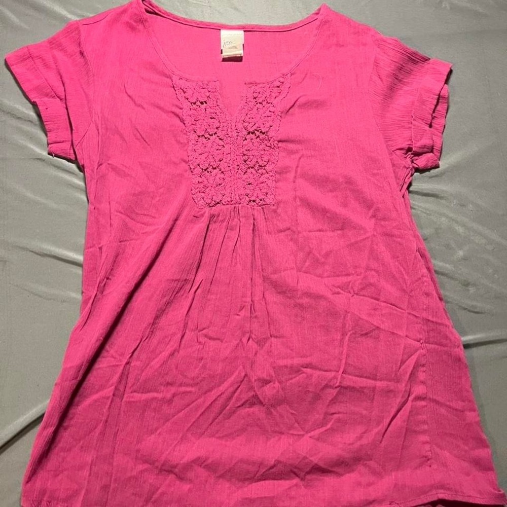 JMS Just My Size Pink Crochet Lace Bib Top Short Sleeve 1X 16W Berry Splash J371